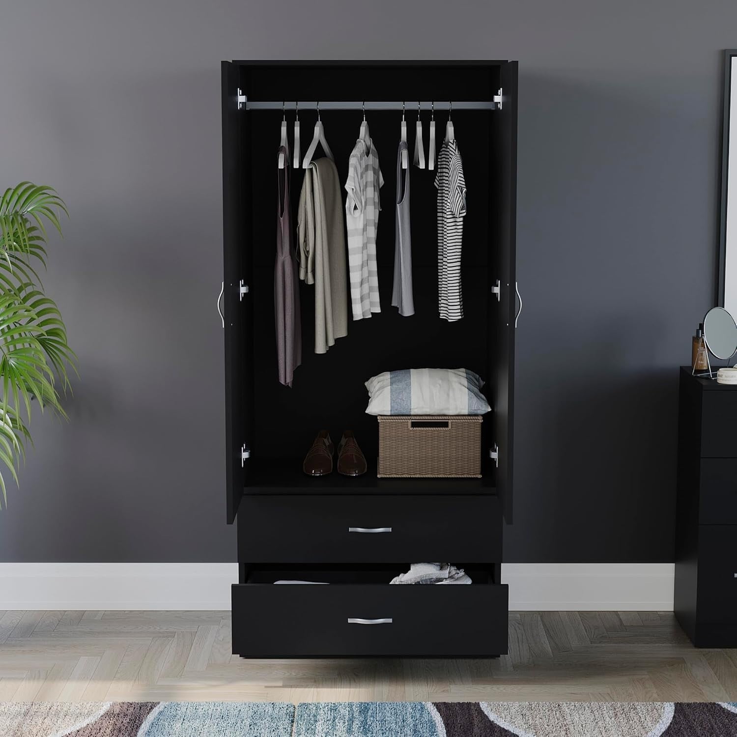 Black 2 Door Wardrobe With Drawers & Rail, Modern Storage Bedroom Unit