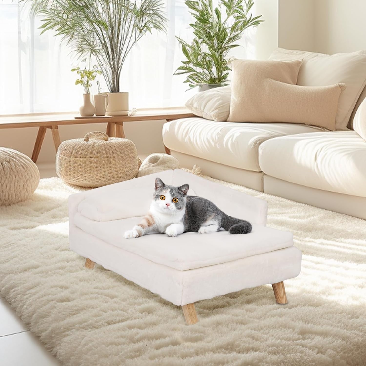 Elevated Dog Sofa Bed L Shaped Pet Lounger Plush Cushion Wooden Legs