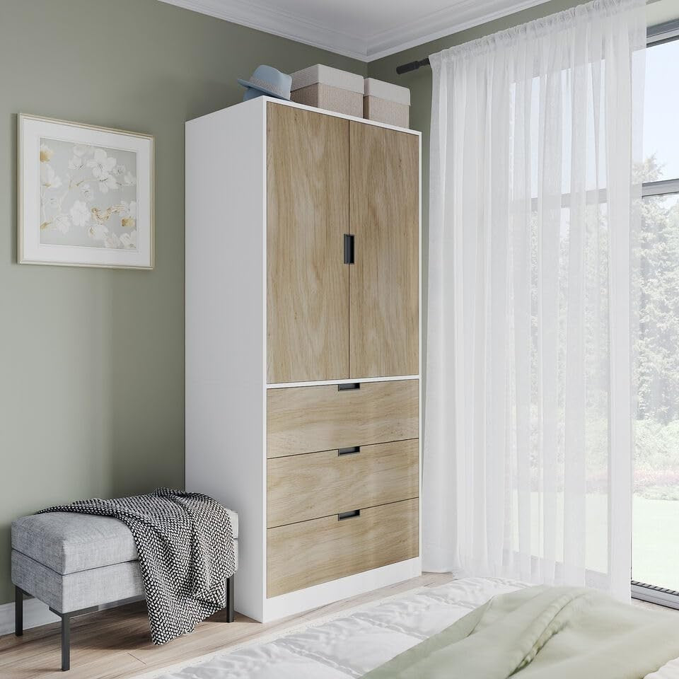 Modern 2 Door 3 Drawer Wardrobe with Oak Doors - Bedroom Clothes Storage