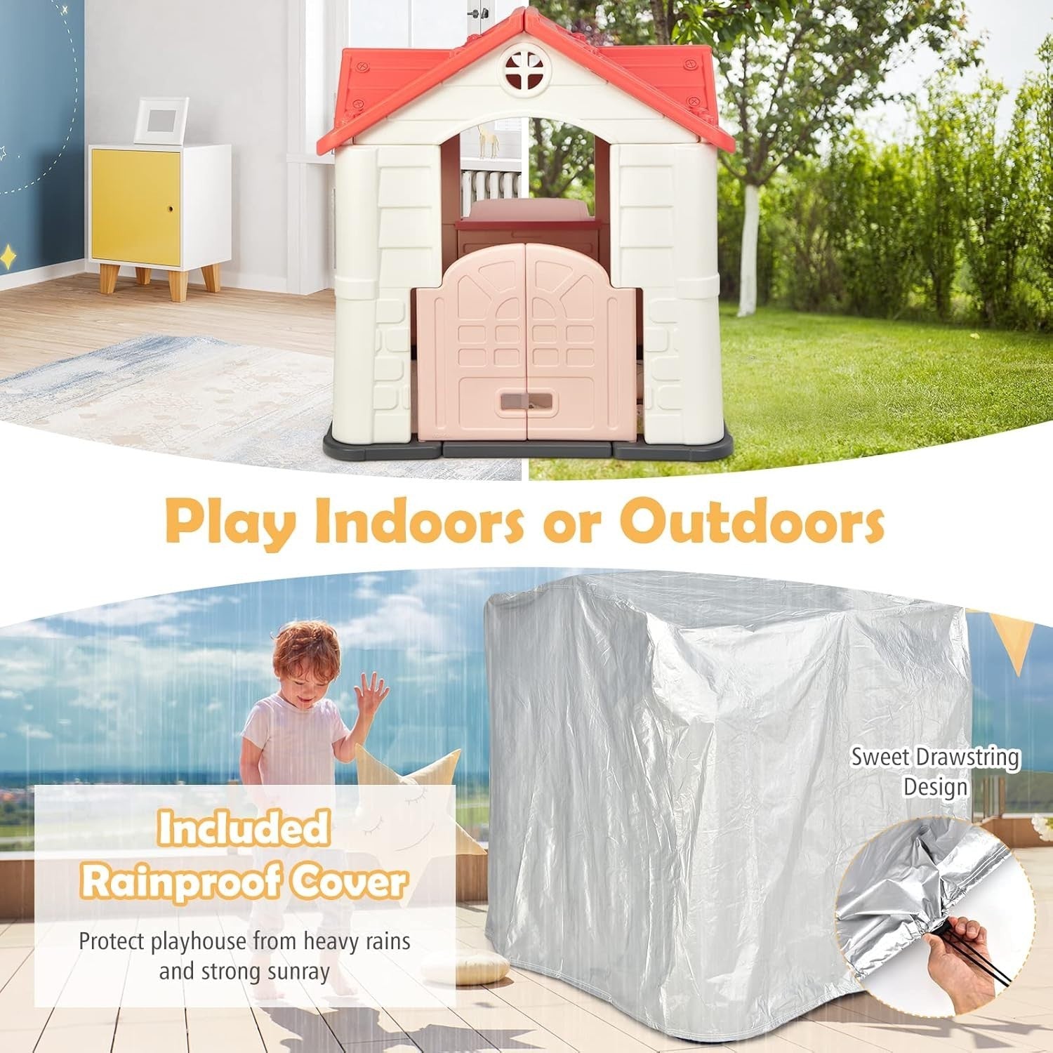 Pink Kids Outdoor Playhouse Cottage with Table Pretend Play Set