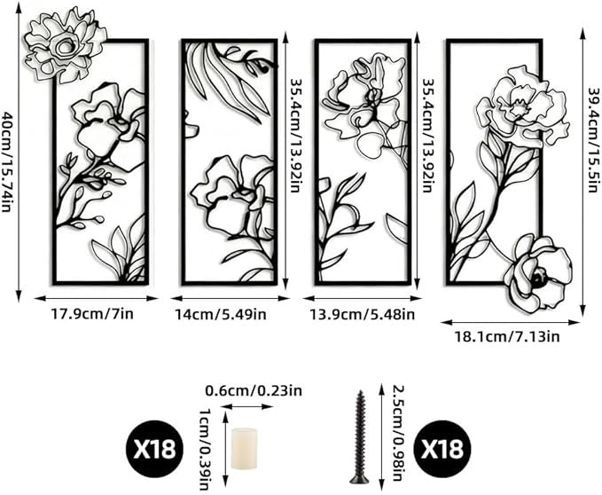 Hocadon 4 Pieces Black Flower Metal Wall Art Minimalist Wall Decor