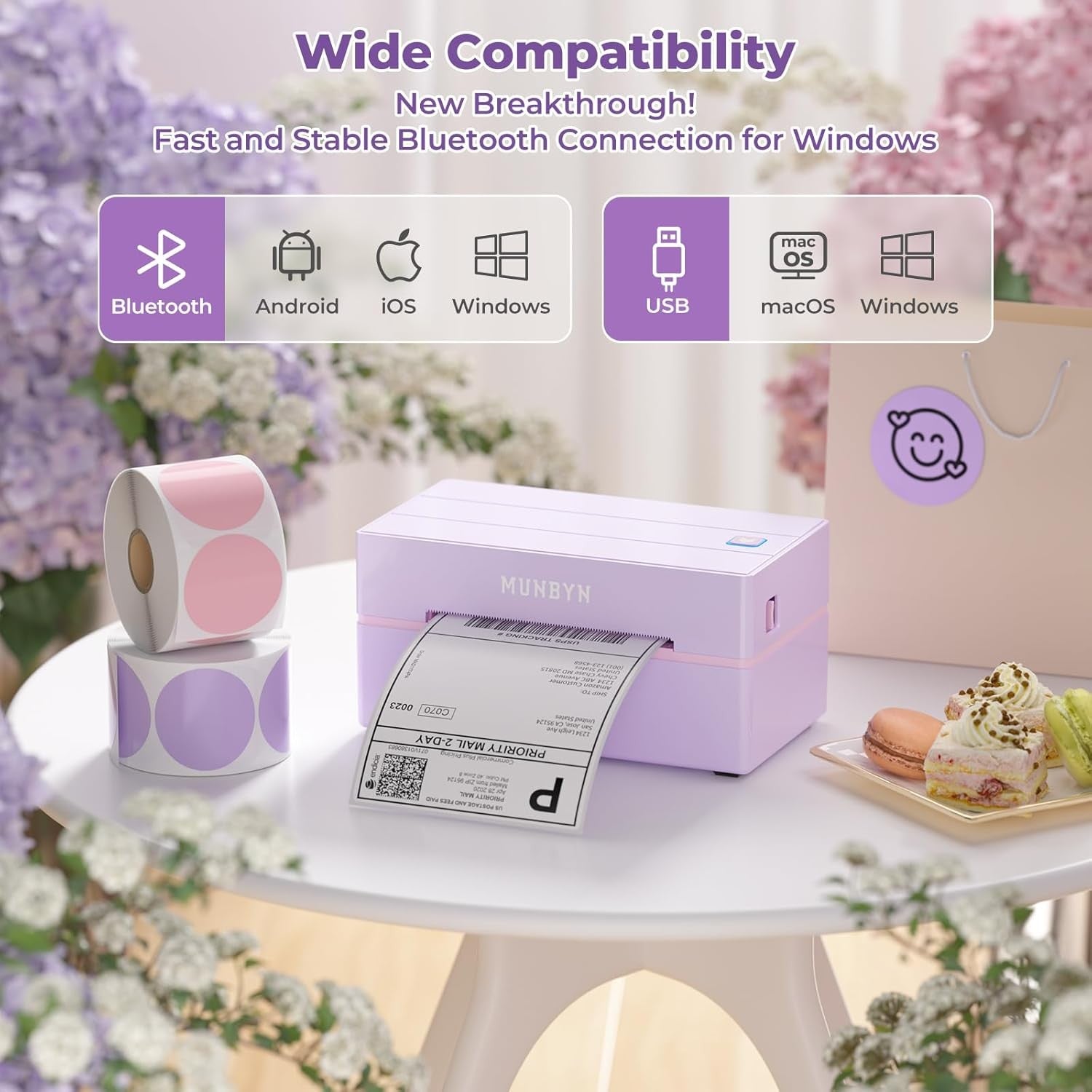 Bluetooth Shipping Label Printer 4x6 Thermal USB Purple