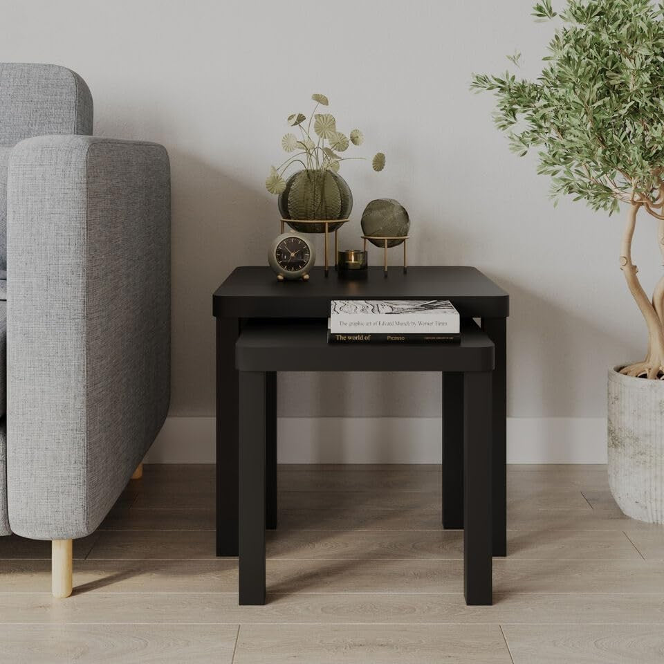 Square Black Nesting End Table Set of 2 Wood Beside Coffee Sofa Side Space Savin