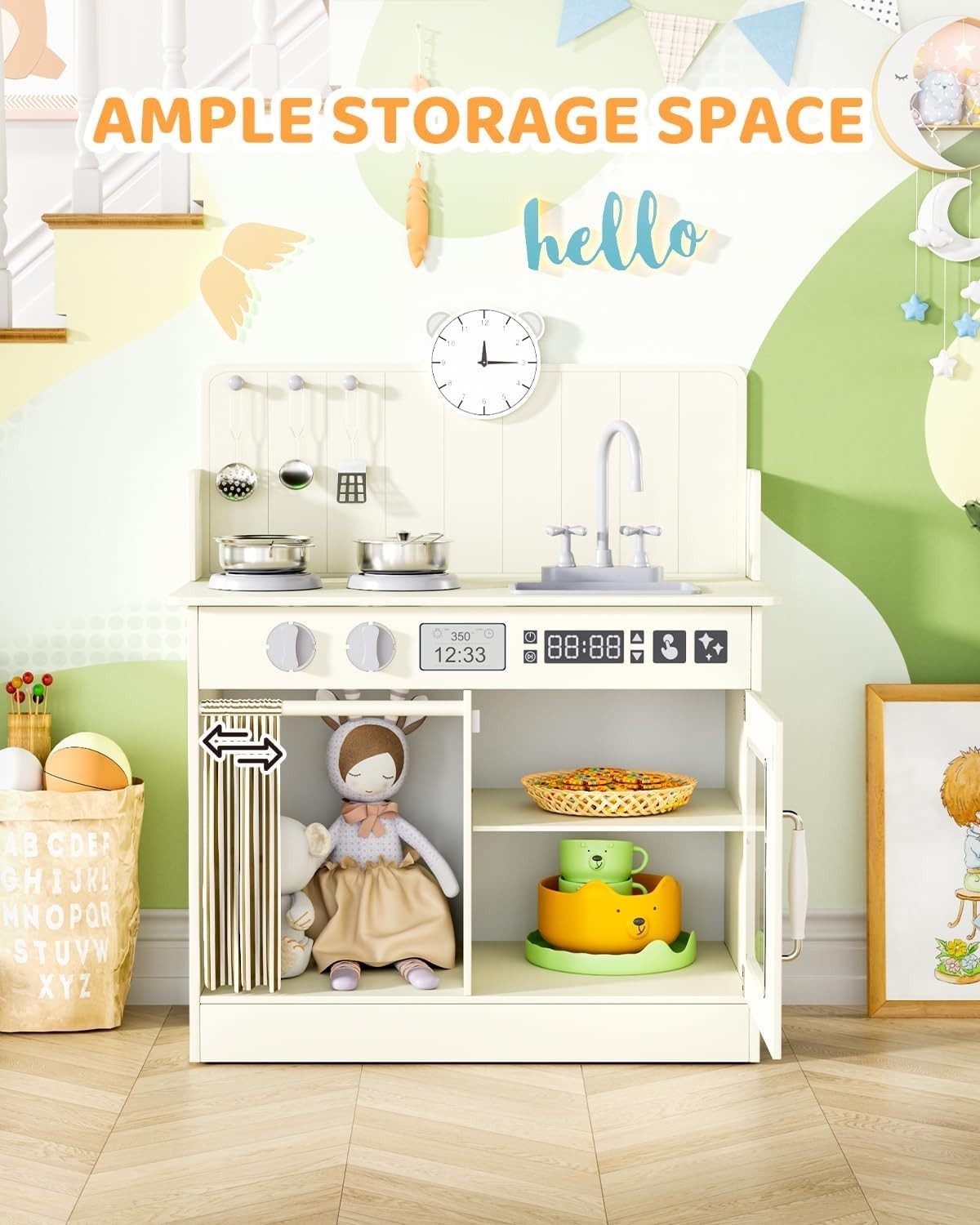 Wooden Kids Play Kitchen Cream Cooker Sink Toy Set w Storage & Clock