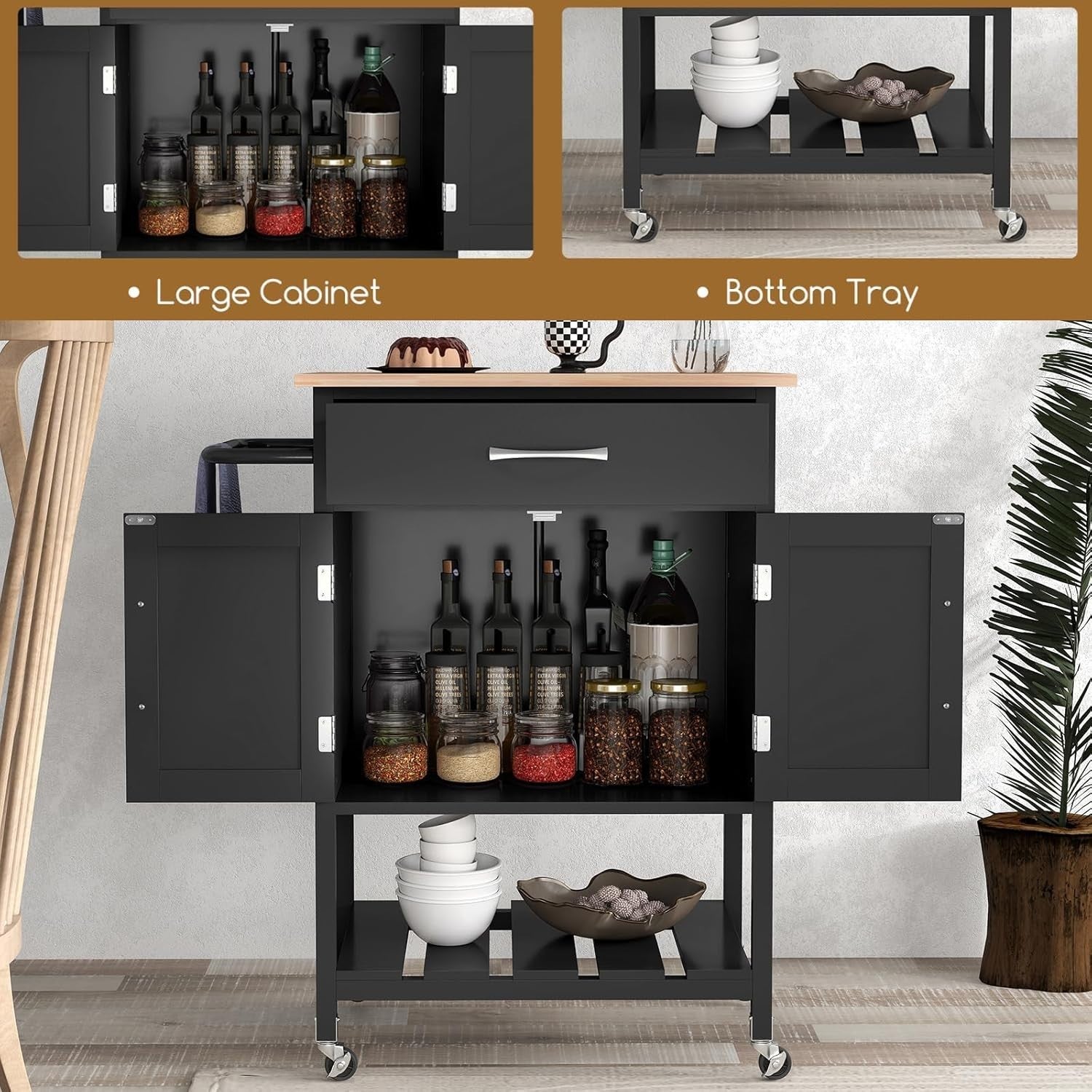 Kitchen Island Trolley with 2-Door Cabinet & Drawer Black 73x48x90cm