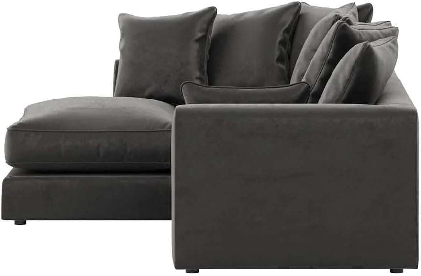 Grey Plush Velvet Corner Sofa with Footstool – 4 Seater L Shape Couch