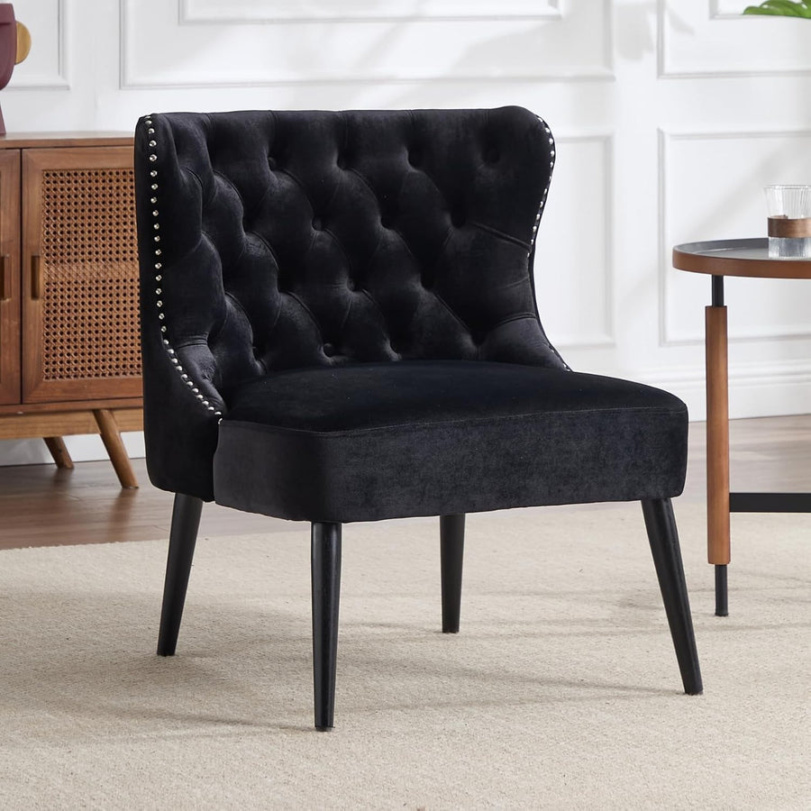 Velvet Accent Chair Black Upholstered Lounge Chair Wooden Legs