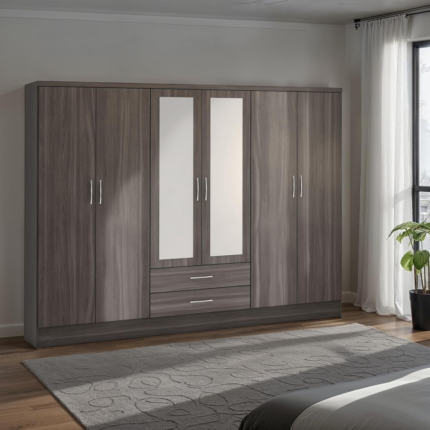 Large 6-Door Black Wood Wardrobe with Mirror & 2 Drawers | Durable Storage