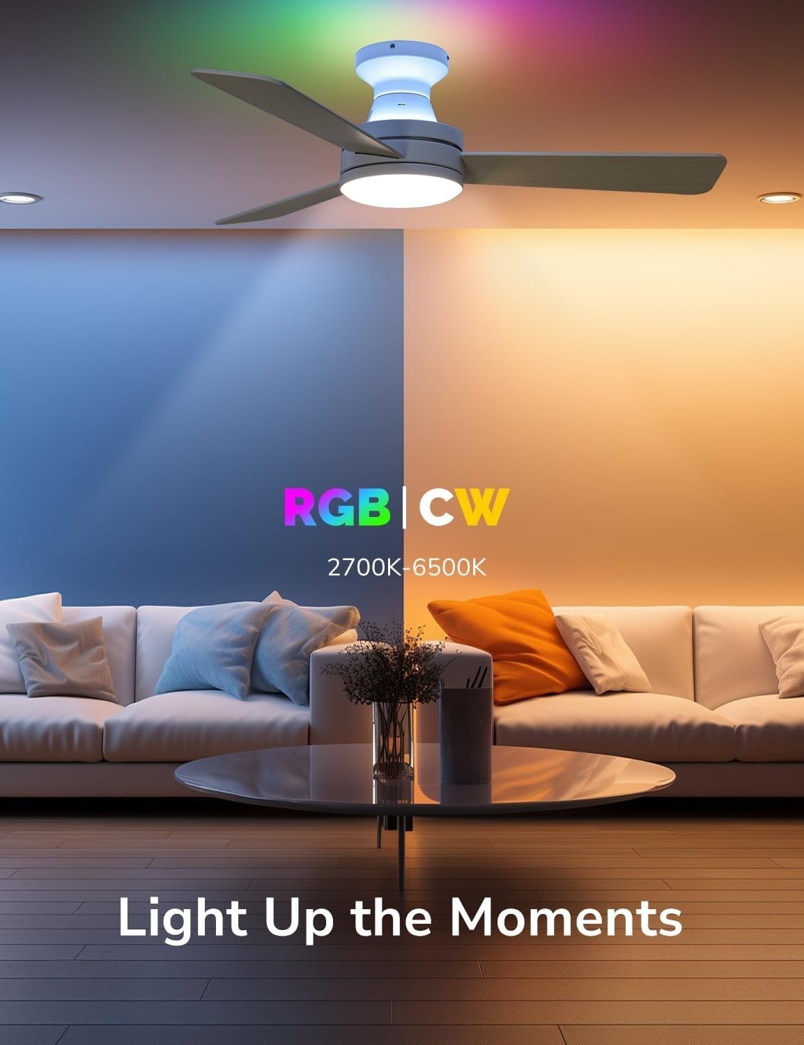 Orison 42"" Ceiling Fan with Lights, RGB Backlight, 6 Speeds, Dimmable, Remote