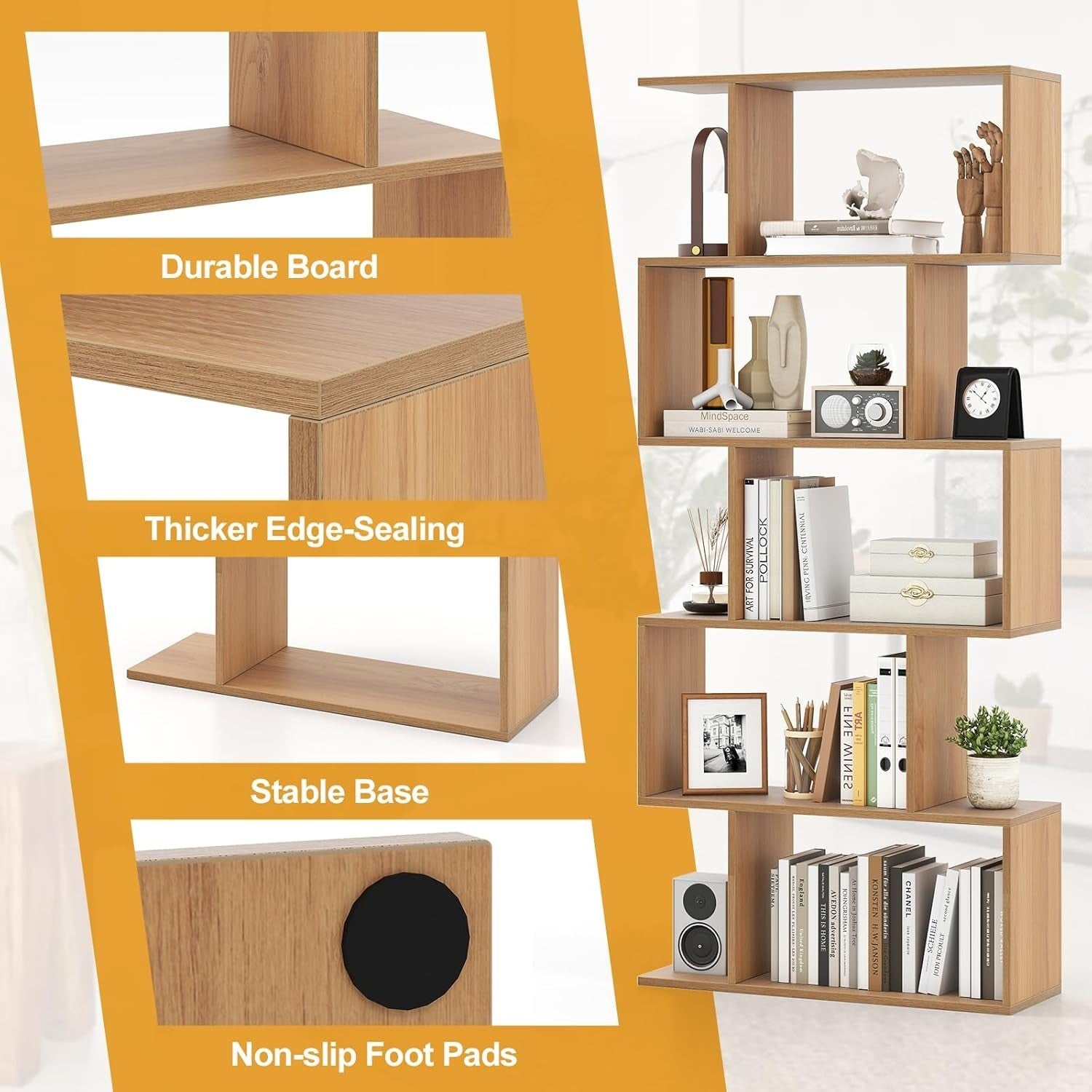 S Shaped 5 Tier Wooden Bookcase Freestanding Display Storage Shelf Natural
