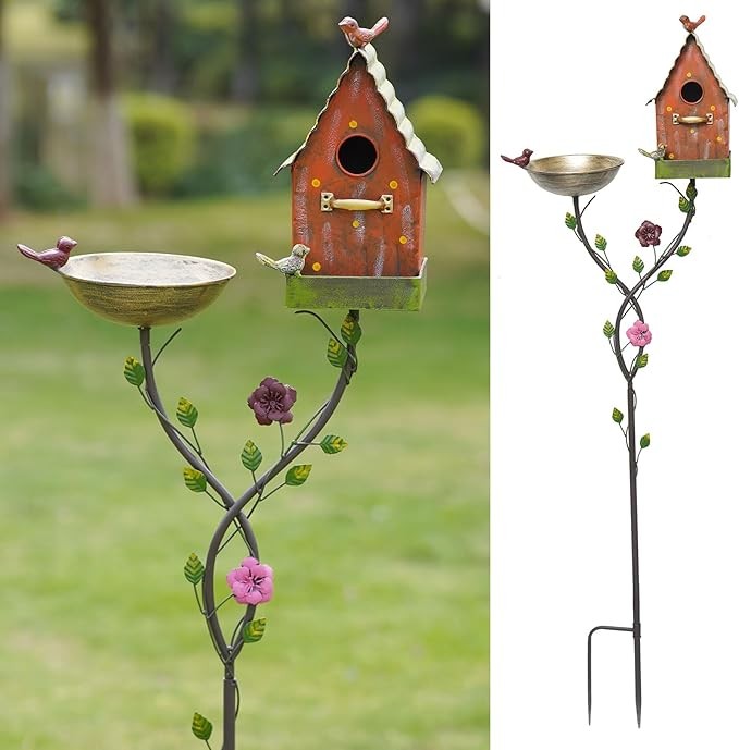 56" Metal Bird Bath with Birdhouse & Feeder – Outdoor Garden Décor