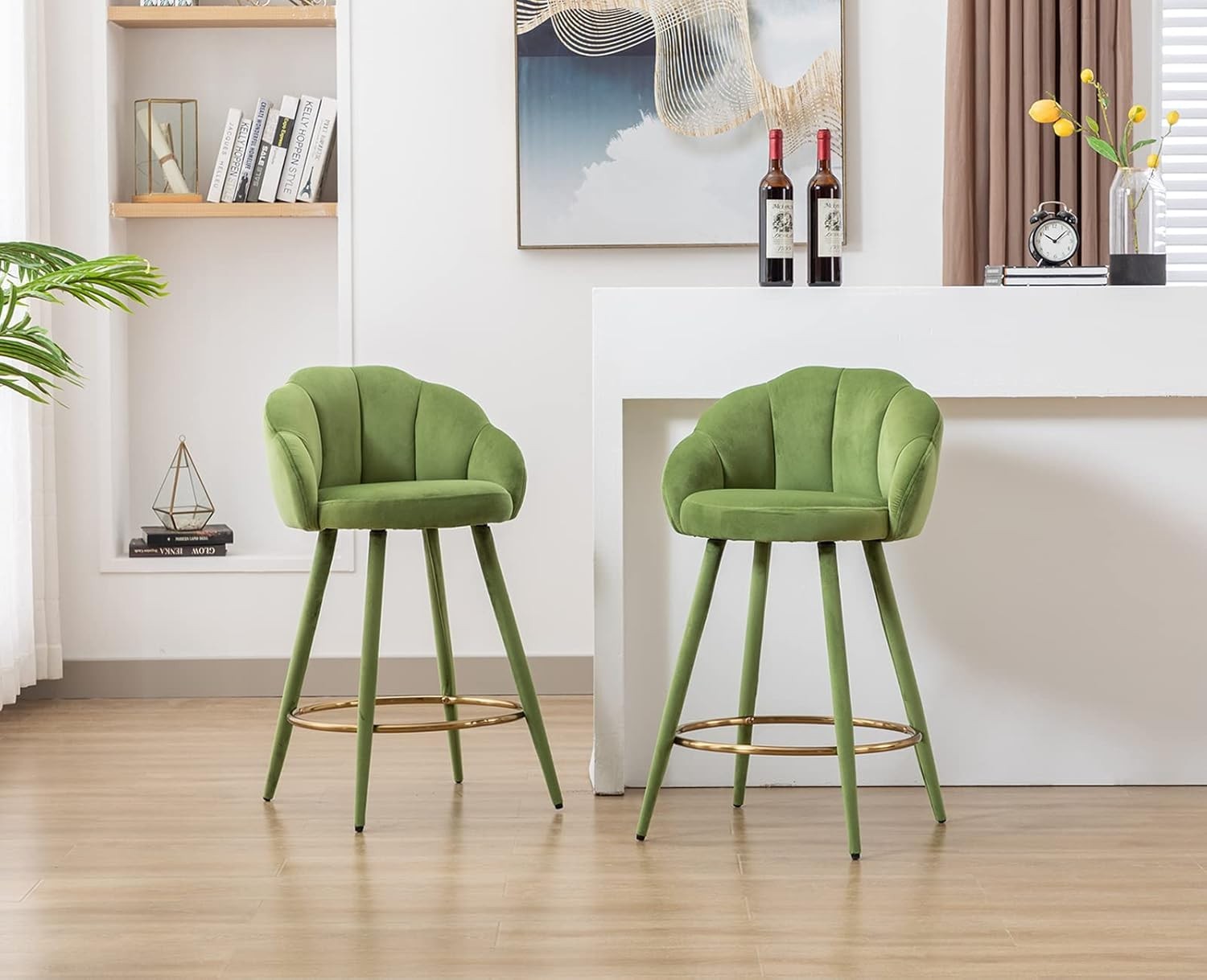 Green Velvet Bar Stools Set of 2 Modern Kitchen Counter Breakfast Chairs