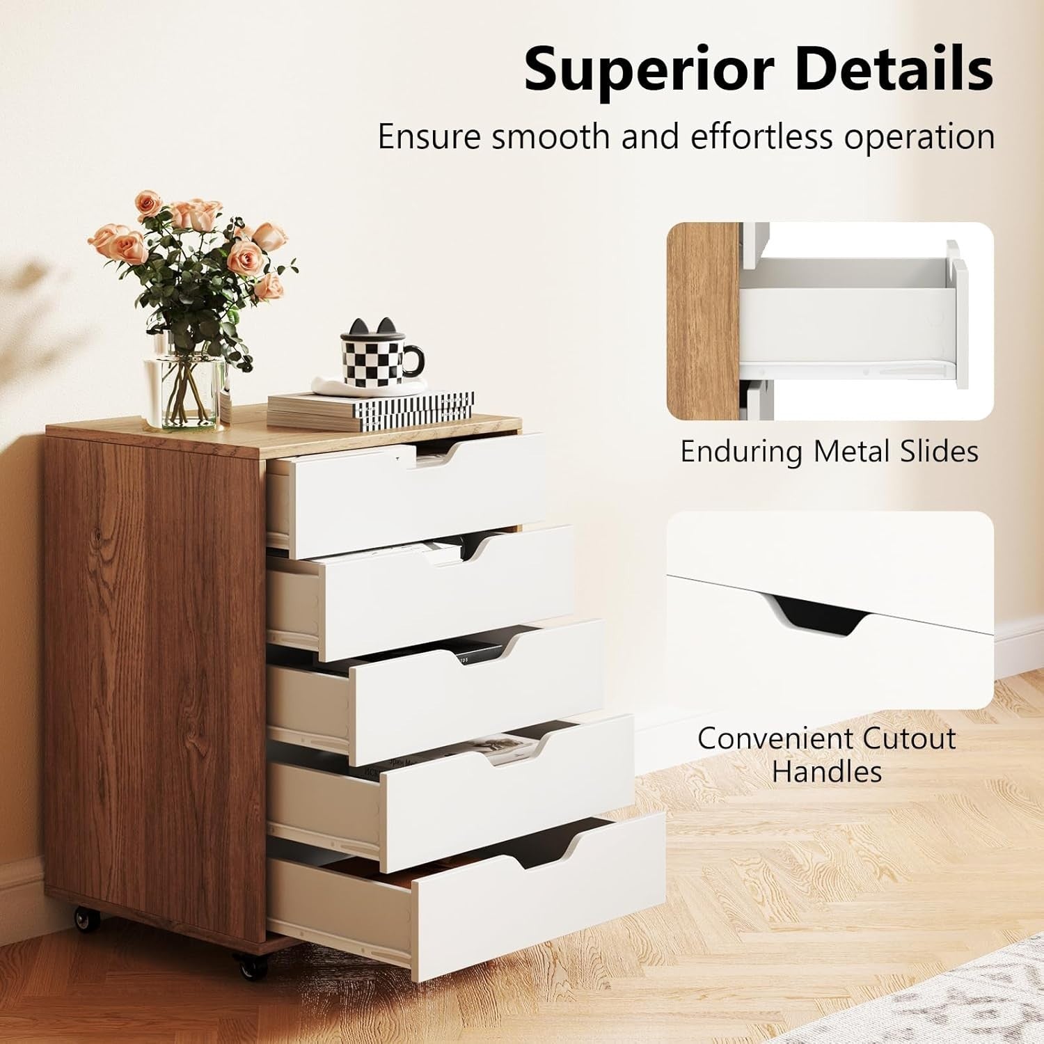 Natural White Mobile Filing Cabinet 7 Drawer Storage Unit Wheels for Home Office