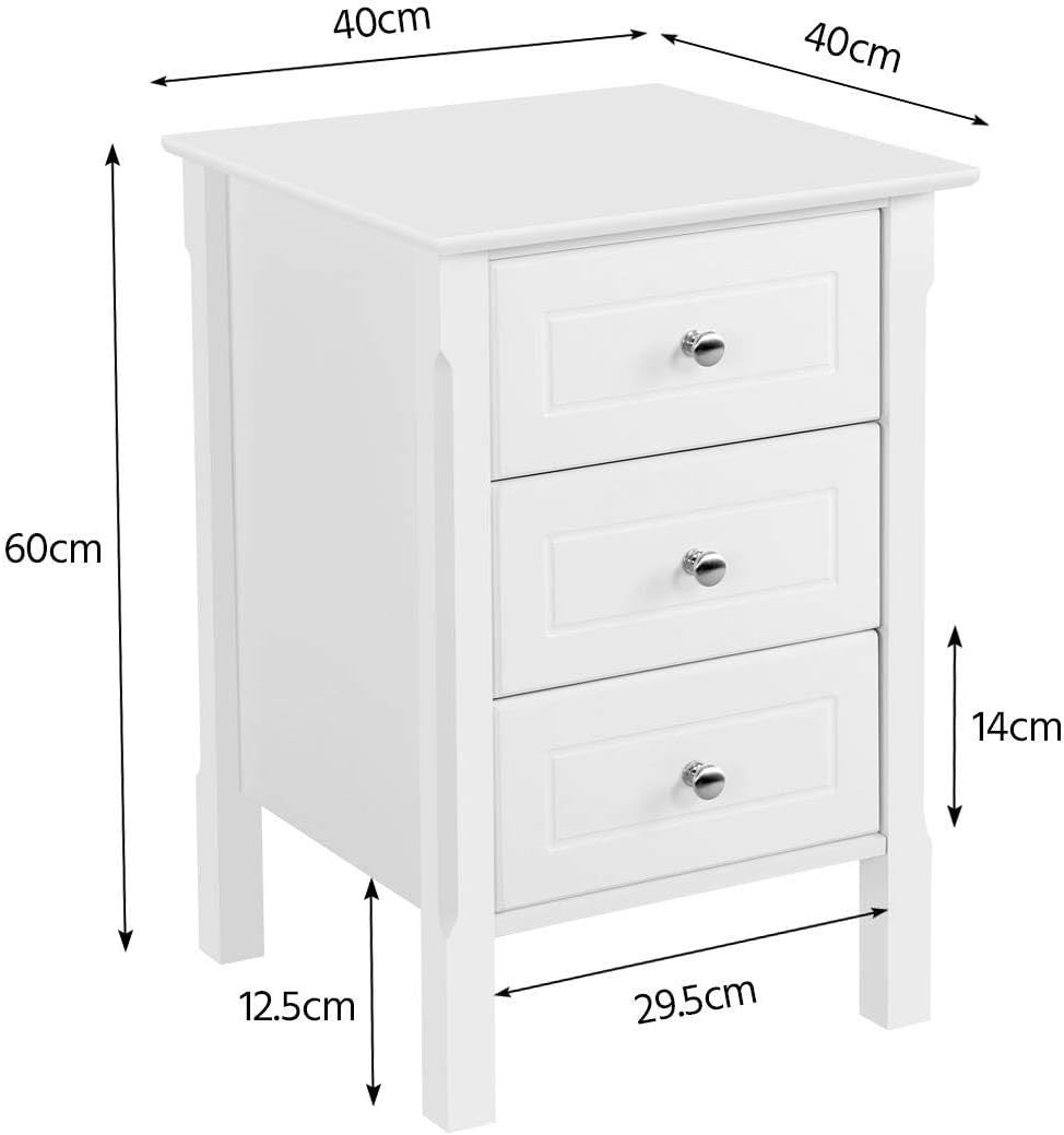 White Wooden Bedside Tables Set of 2 – 3 Drawer Nightstands