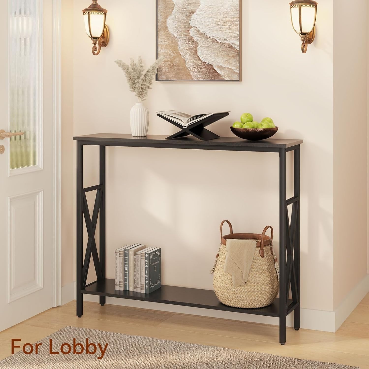 Industrial Console Table with Adjustable Feet, Metal Frame & Shelves for Small