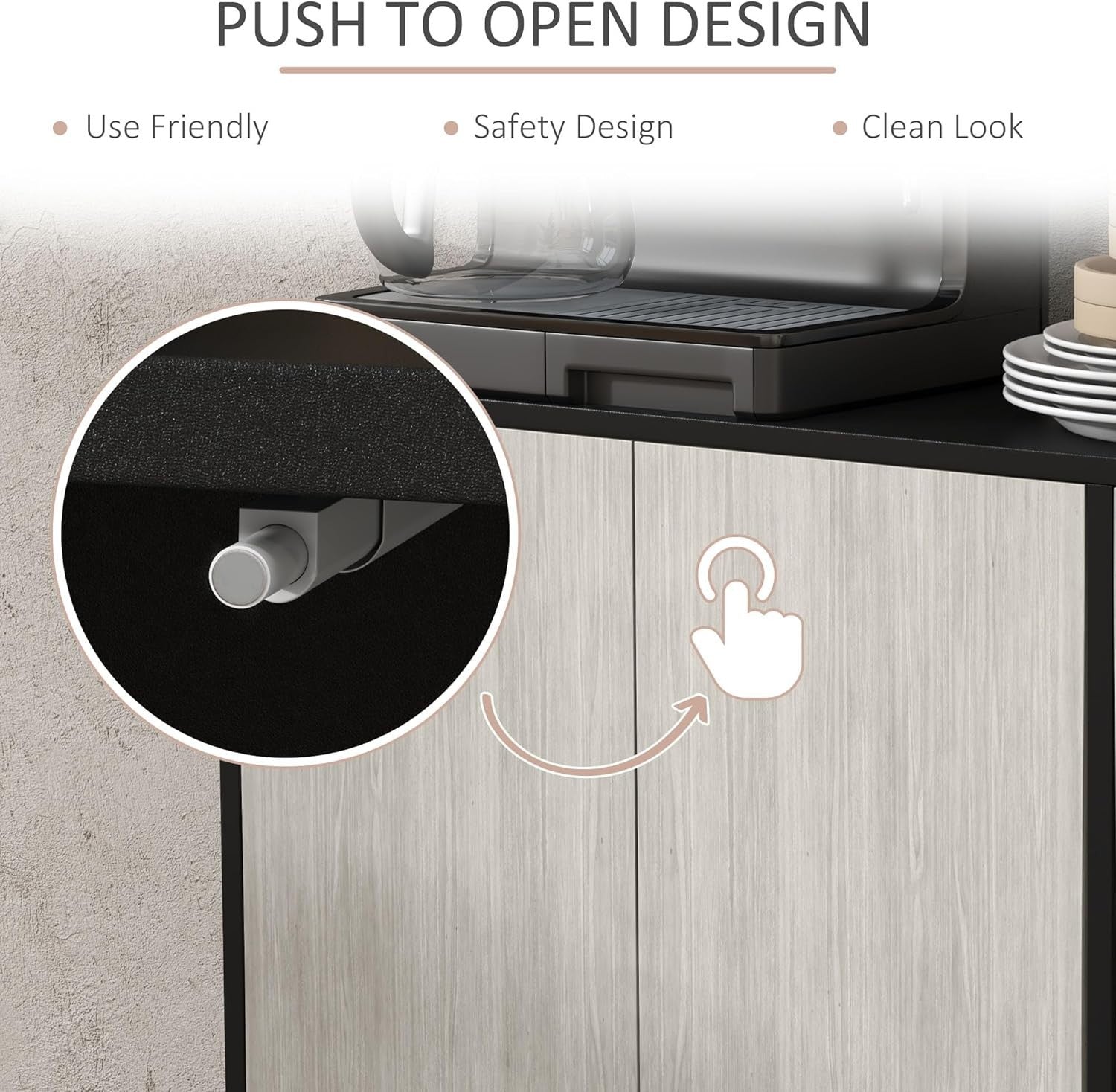 Modern Sideboard Cabinet with Adjustable Shelves, 4 Doors, Solid Wood Legs