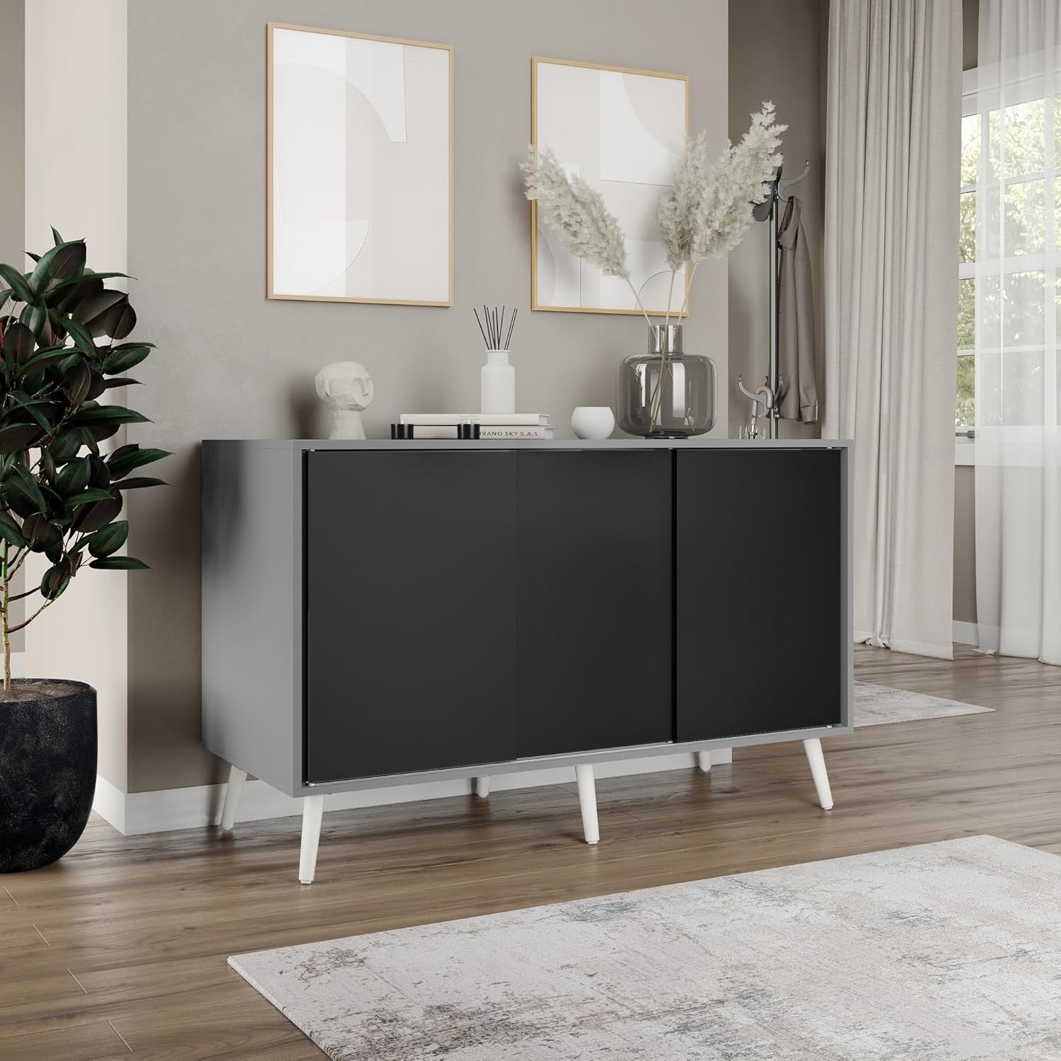 Modern 3-Door Sliding Sideboard Storage Cabinet Grey with White Wooden Legs