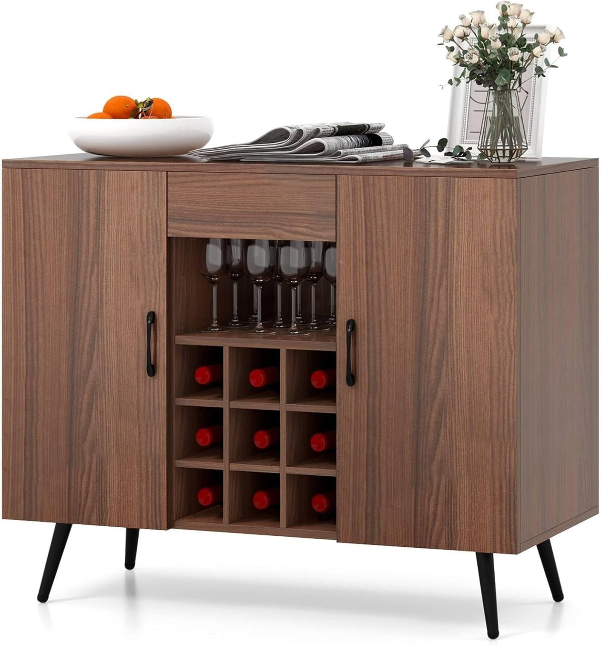 Mid Century Wine Sideboard Cabinet with 9 Bottle Rack & Storage Shelves Walnut
