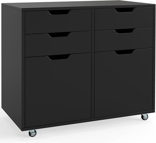 Black Rolling File Cabinet 4 Drawer 2 Door Mobile Printer Stand