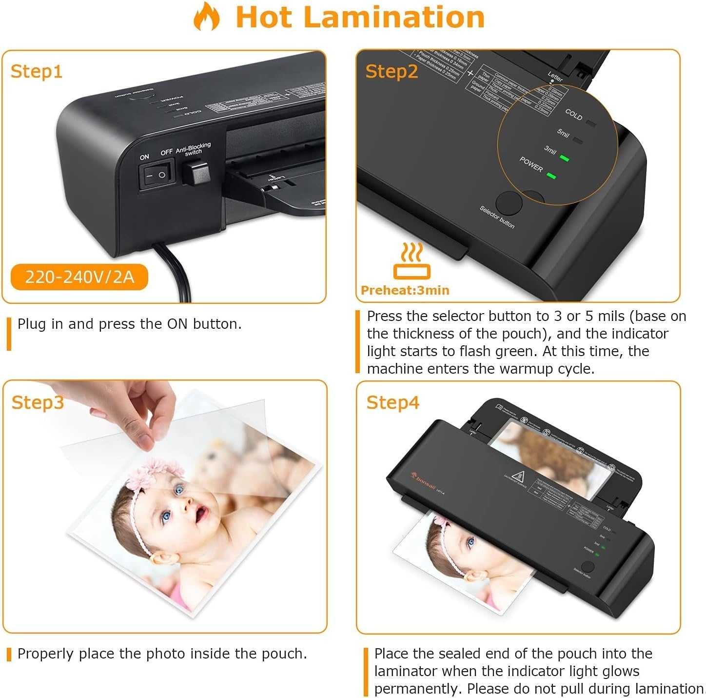 A4 4 in 1 Laminator Hot Cold Fast 300mm Min Anti Jam + Pouches