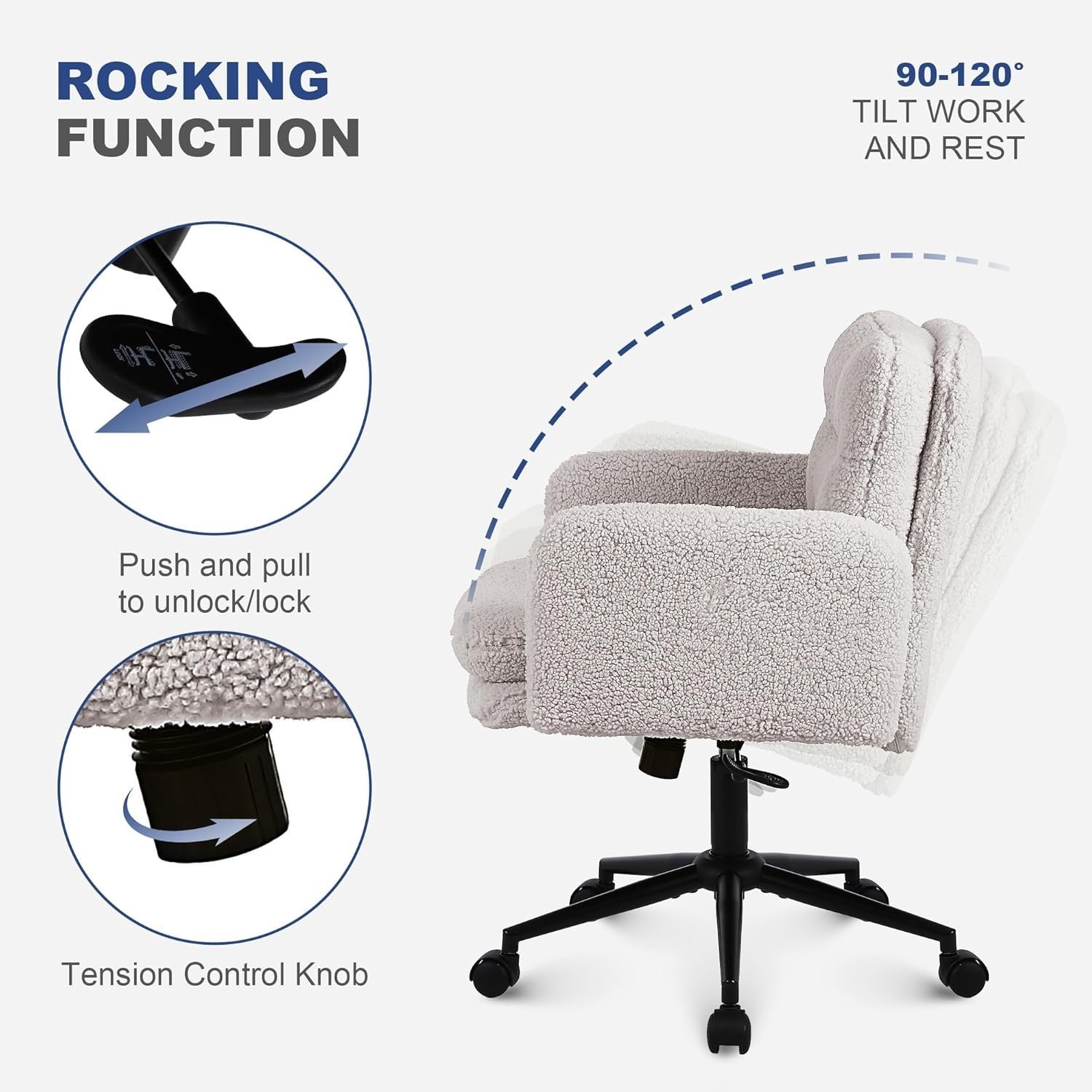 Ergonomic Office Desk Chair Swivel Cream Faux Fur Adjustable Height Tilt Lock