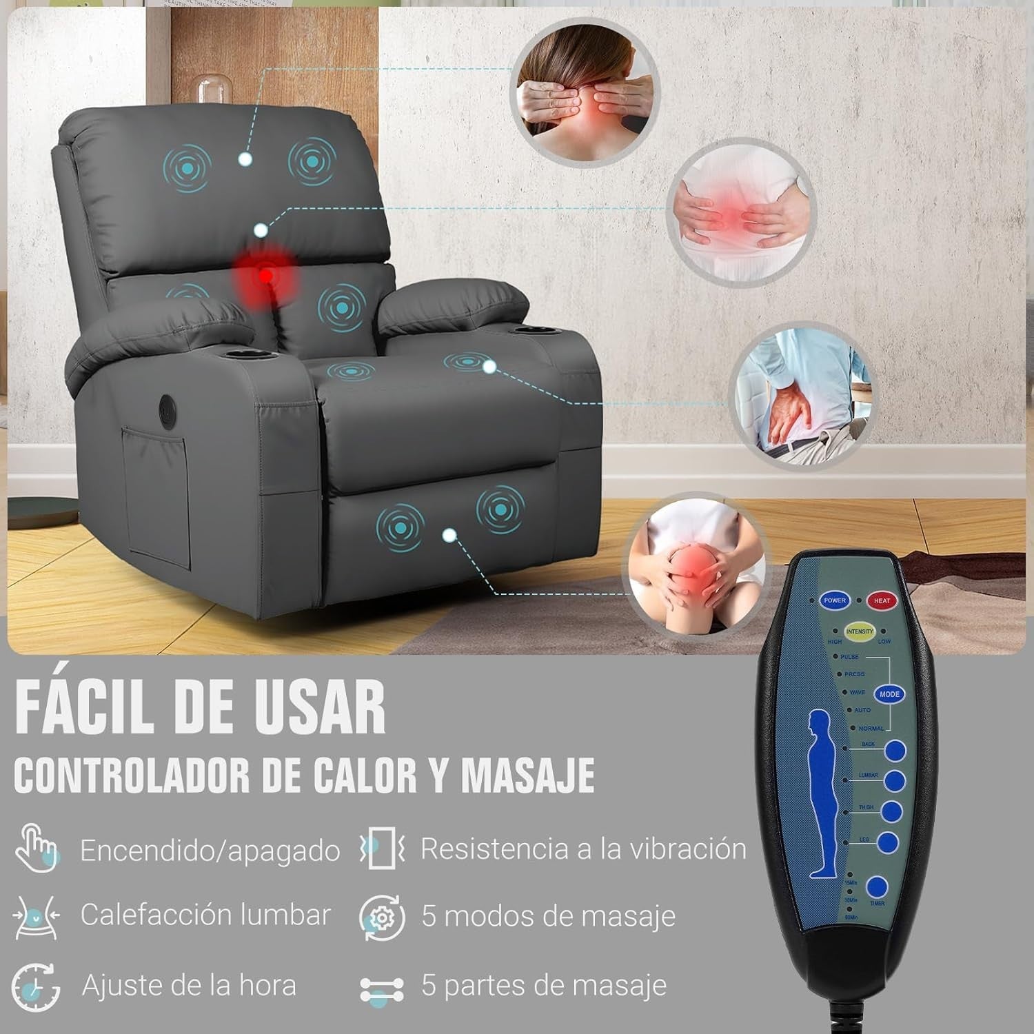 Massage Rocker Recliner Chair 360° Swivel USB Ports Vibration Dark Grey