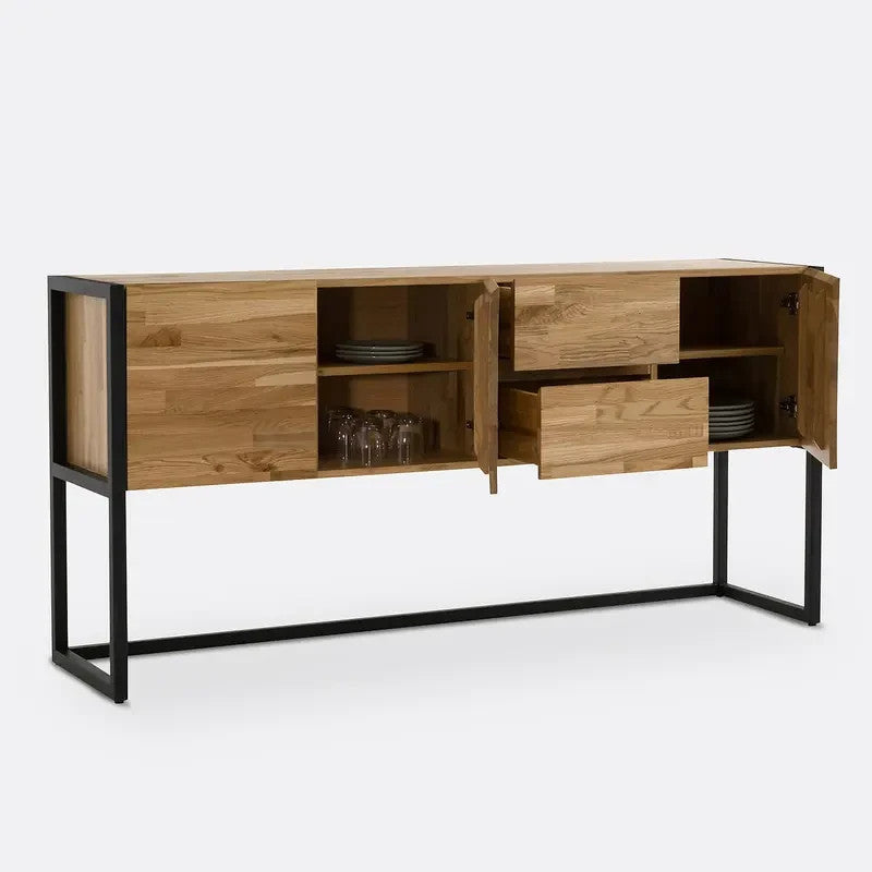 Solid Oak Sideboard Cabinet Storage Unit with Steel Frame – 173cm Modern