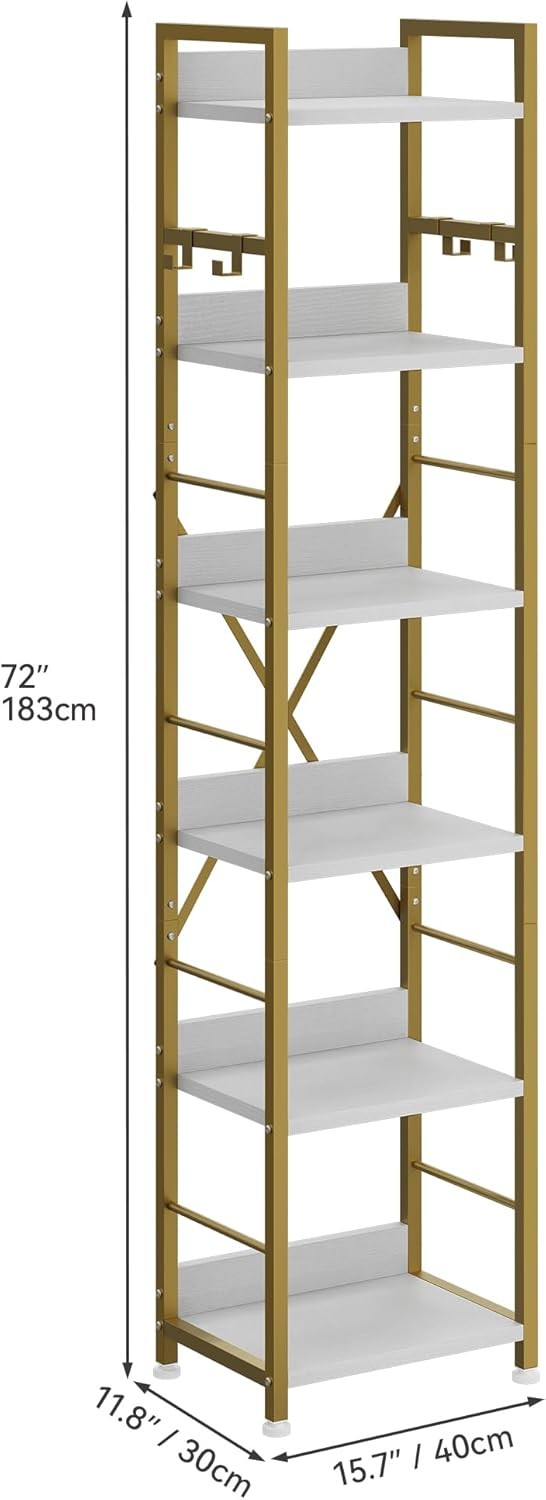 Gold 6-Tier Tall Bookcase | Metal Frame Storage Shelf with Hooks for Home & Offi