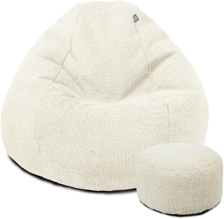 Oat Boucle Bean Bag Chair & Footstool Set – 110x80cm Lounge Seat