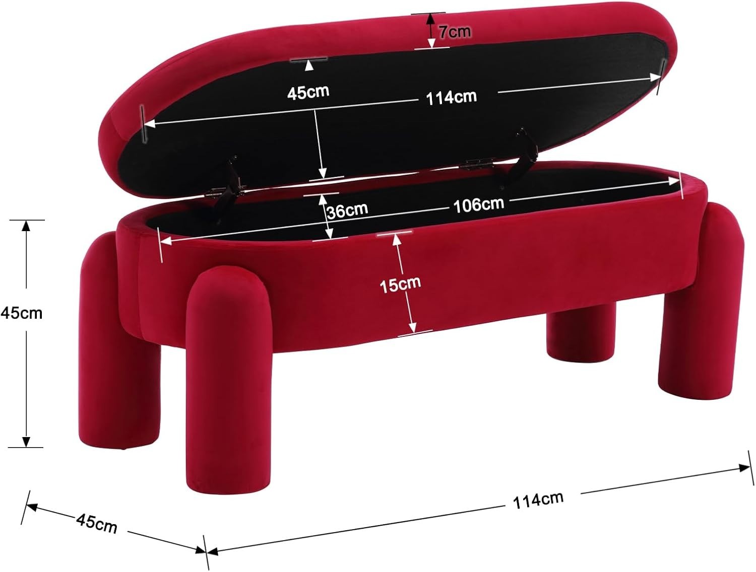Red Velvet Upholstered Storage Bench Modern Bedroom Window Seat Seat