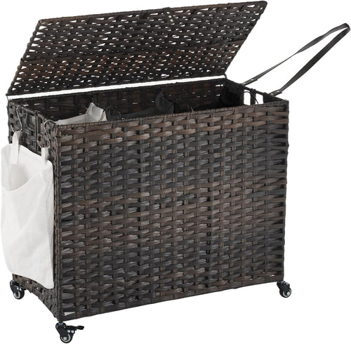 200L Wicker Laundry Hamper on Wheels with Lid | 3 Removable Bags & Side Pocket |