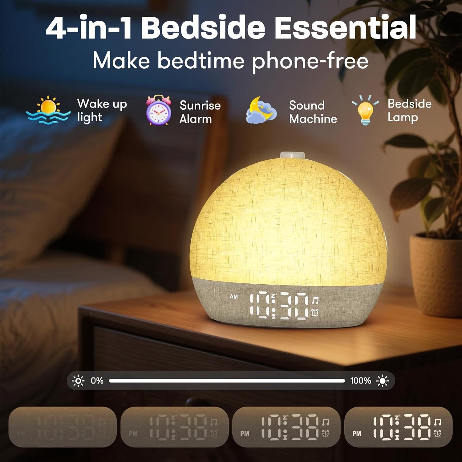 Sunrise Wake Up Light Alarm Clock White Noise Sleep Aid Yellow Lamp