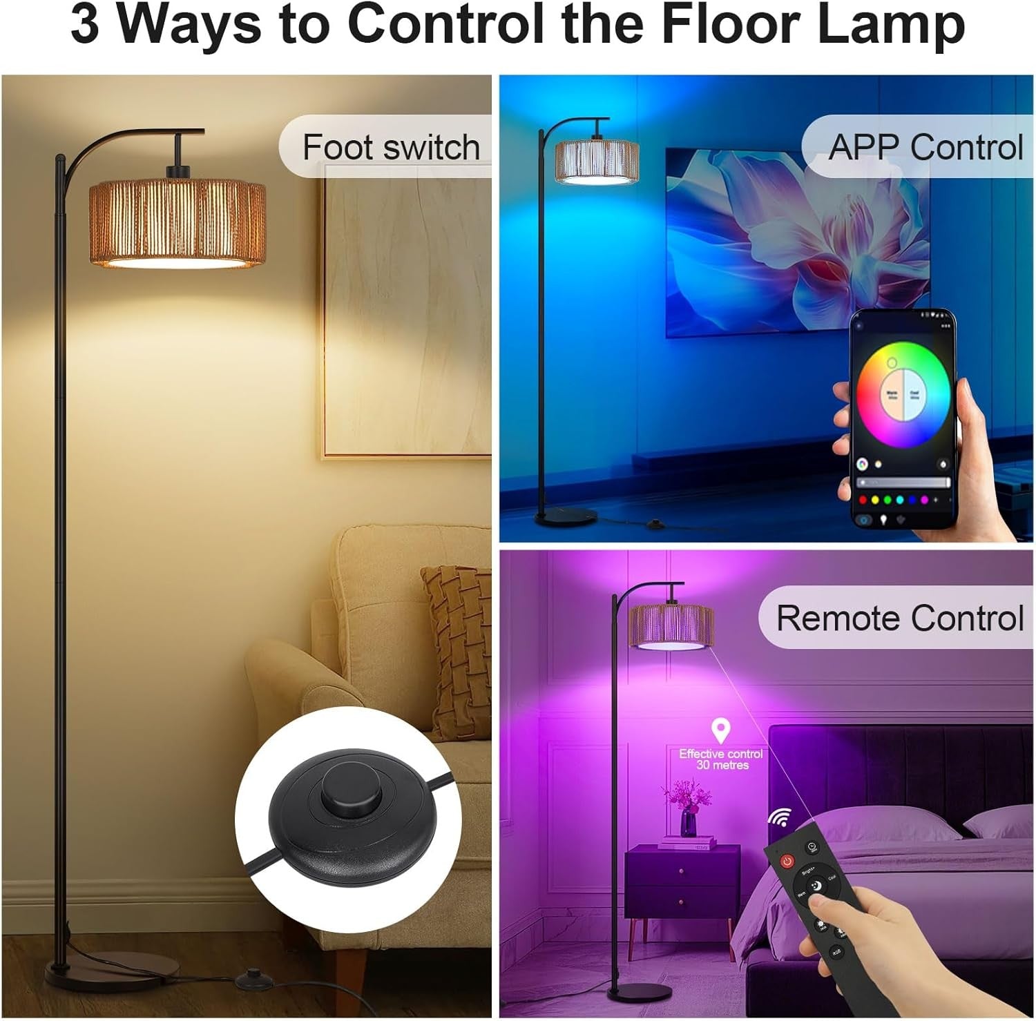 RGB Dimmable Floor Lamp Remote App Control Rattan Shade Music Sync E27
