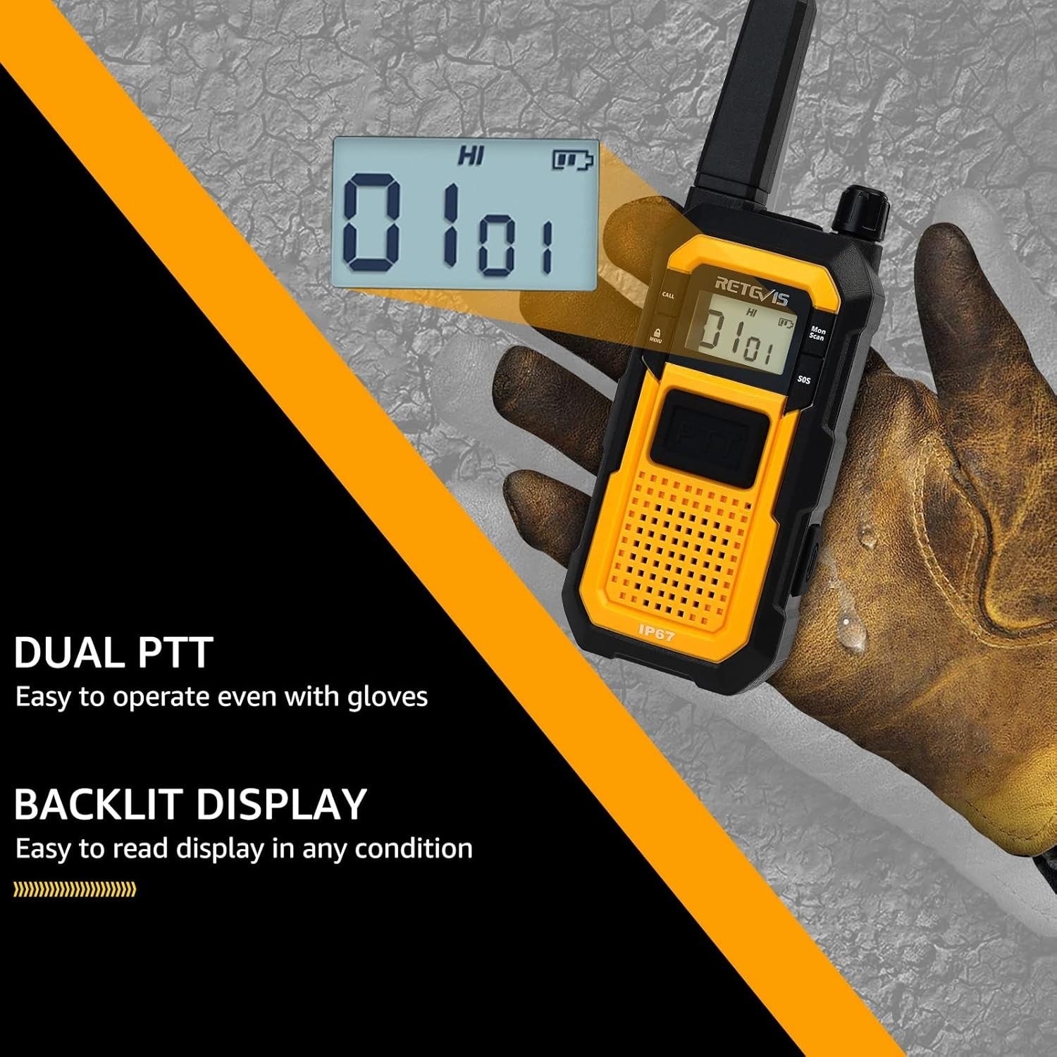Heavy Duty Walkie Talkies IP67 Waterproof SOS VOX 6 Pack Yellow
