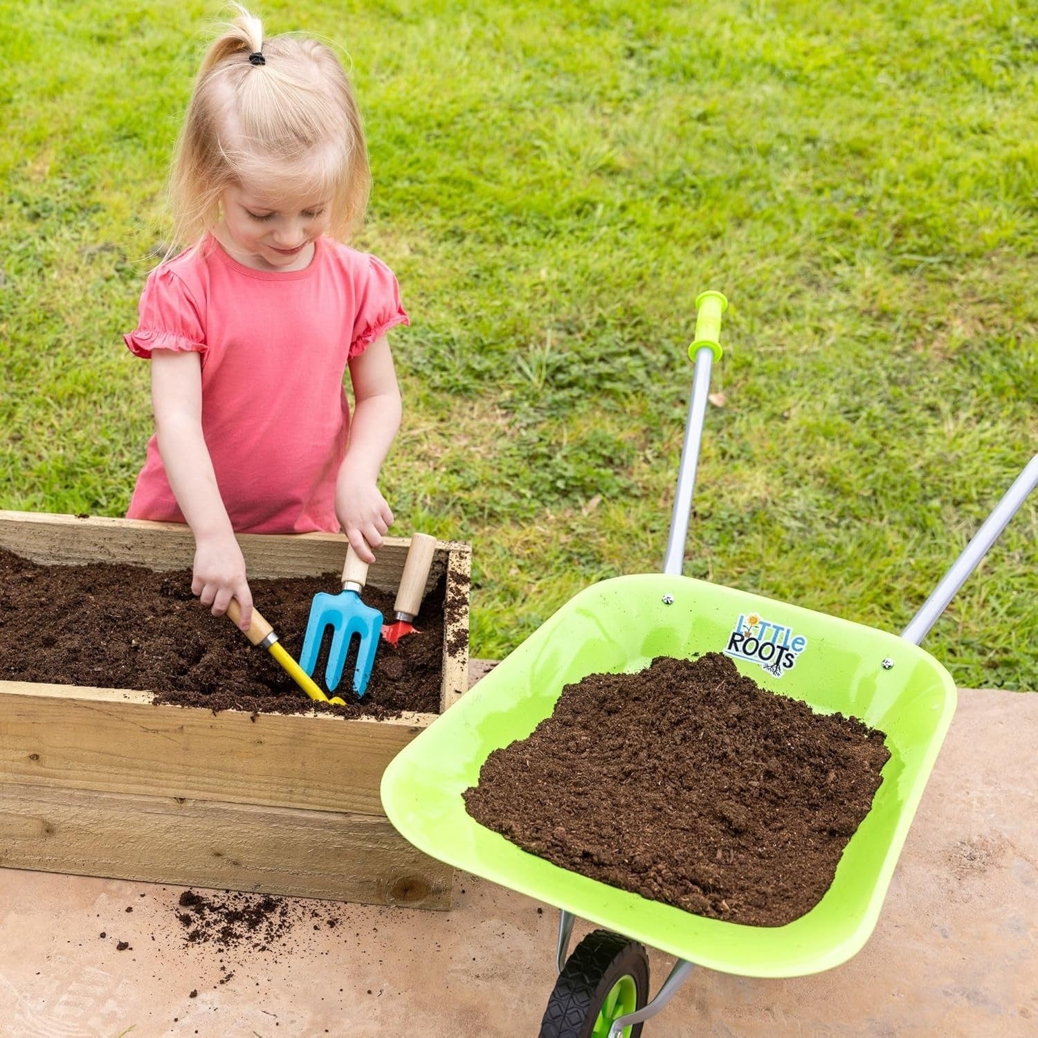 Kids Garden Wheelbarrow – Green – Metal Frame w/Plastic Tray & Soft Handles