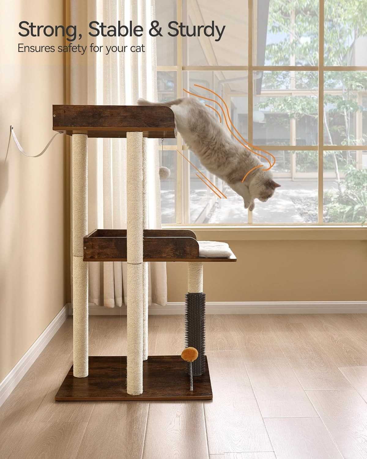 Large Wooden Cat Tree Rustic Brown Tower 3 Level Perch Scratching Post