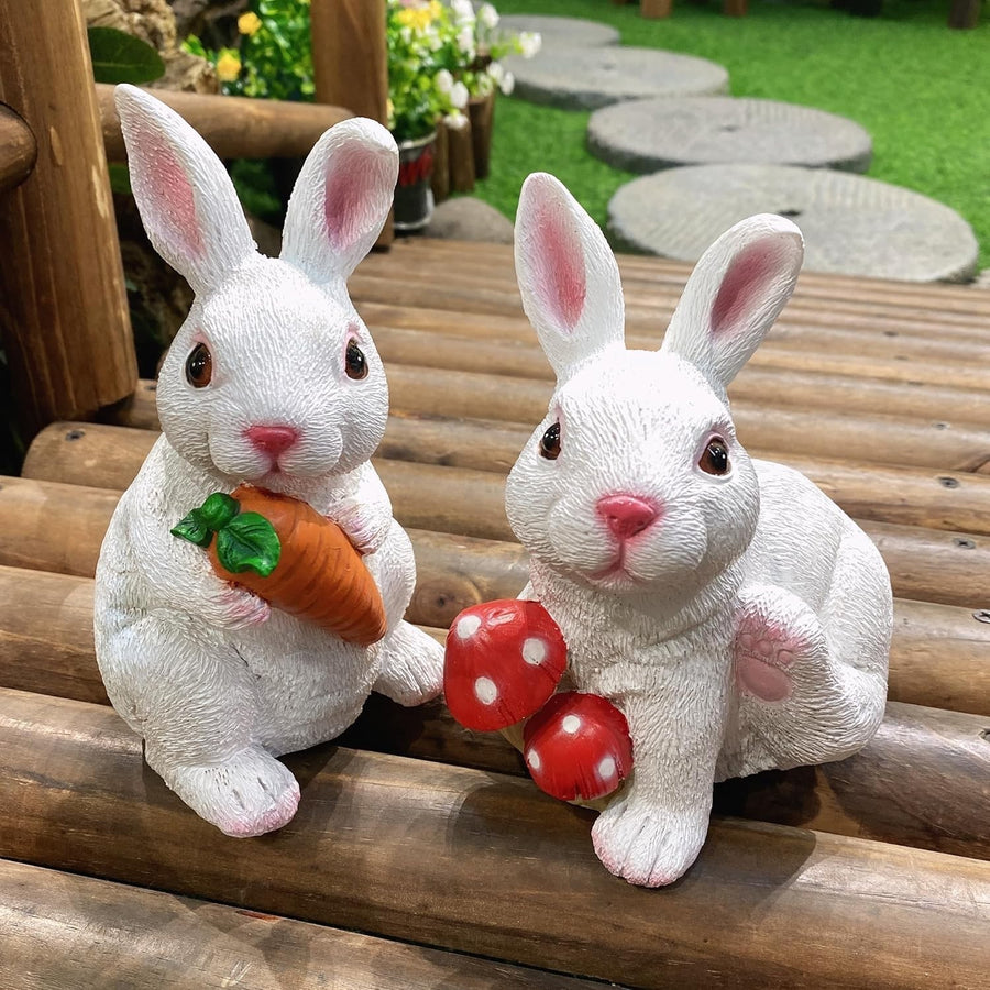 Set of 2 White Rabbit Garden Ornaments • Resin Outdoor Figurines