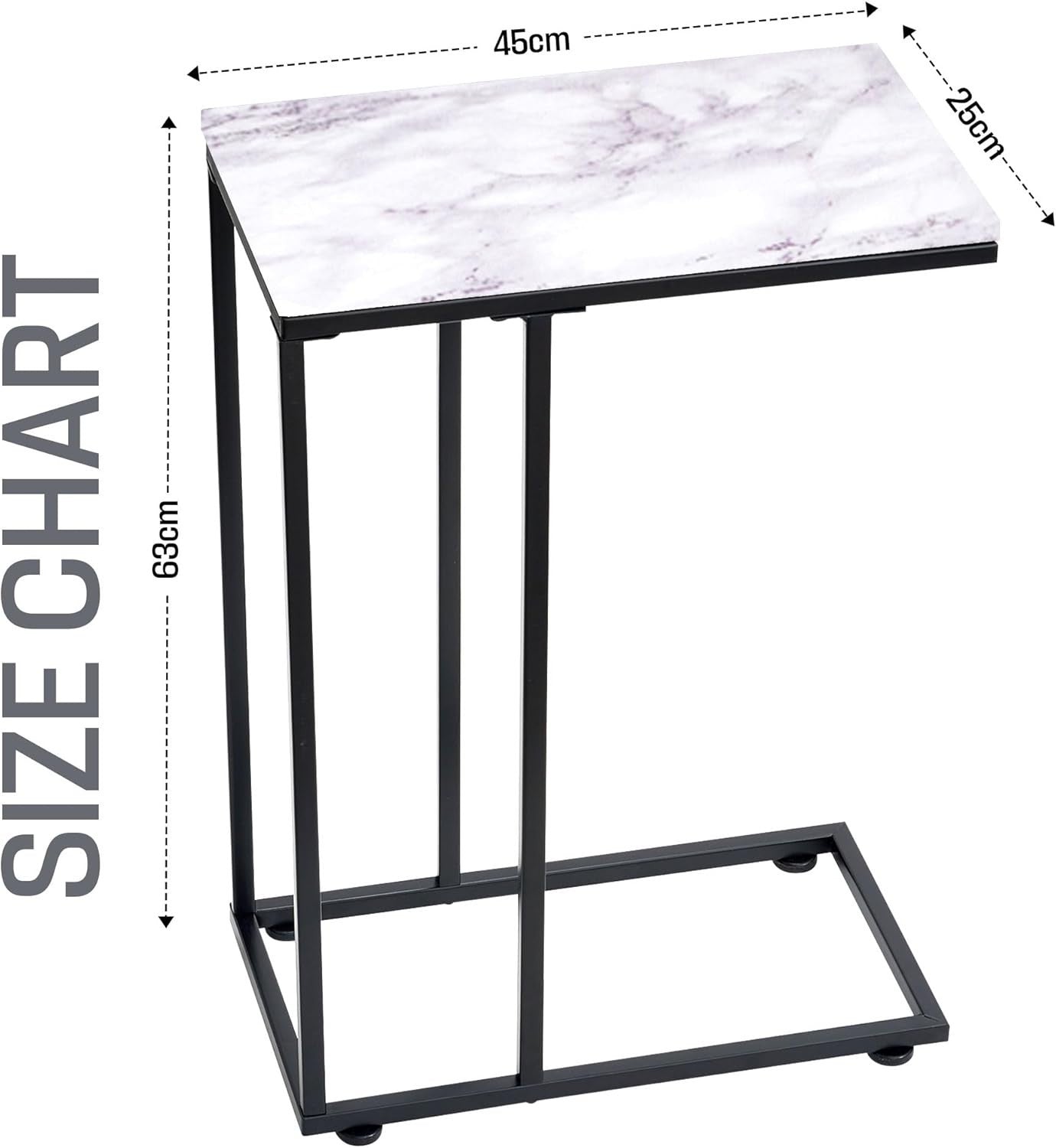 C Shaped Side Table, White Marble Effect Coffee Table for Sofa, Laptop & Snacks