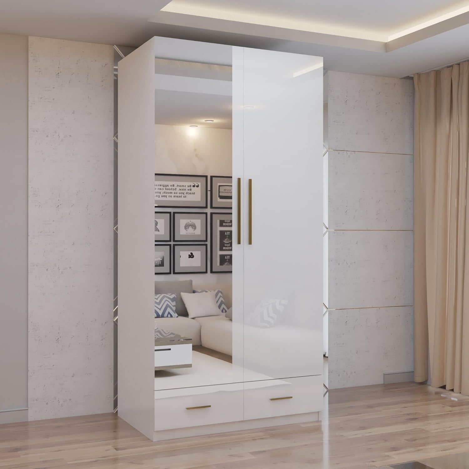 2 Door High Gloss Wardrobe Mirror Drawers Shelves Gold Handles White