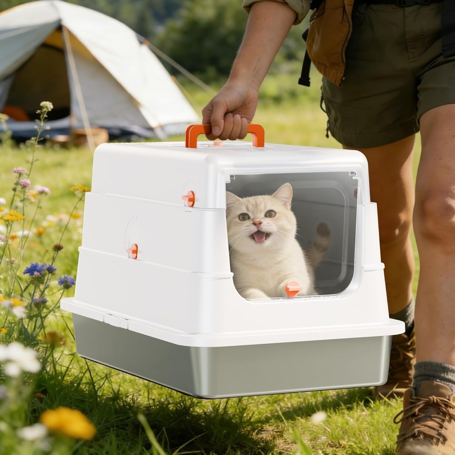 XL Stainless Steel Cat Litter Box Covered Leak Proof Odor Control White