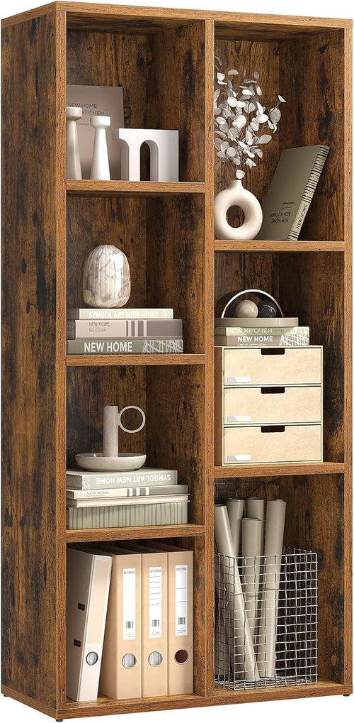 Rustic Brown 7-Compartment Bookcase | Modern Cube Storage Shelf for Home Office