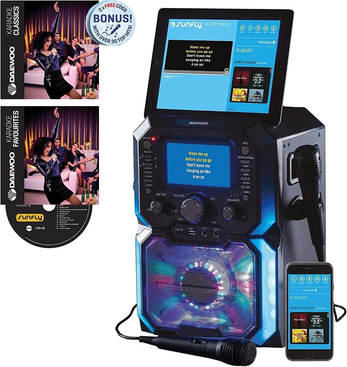 Daewoo AVS1302 Bluetooth Portable Karaoke Machine 2 Mics CD USB LED
