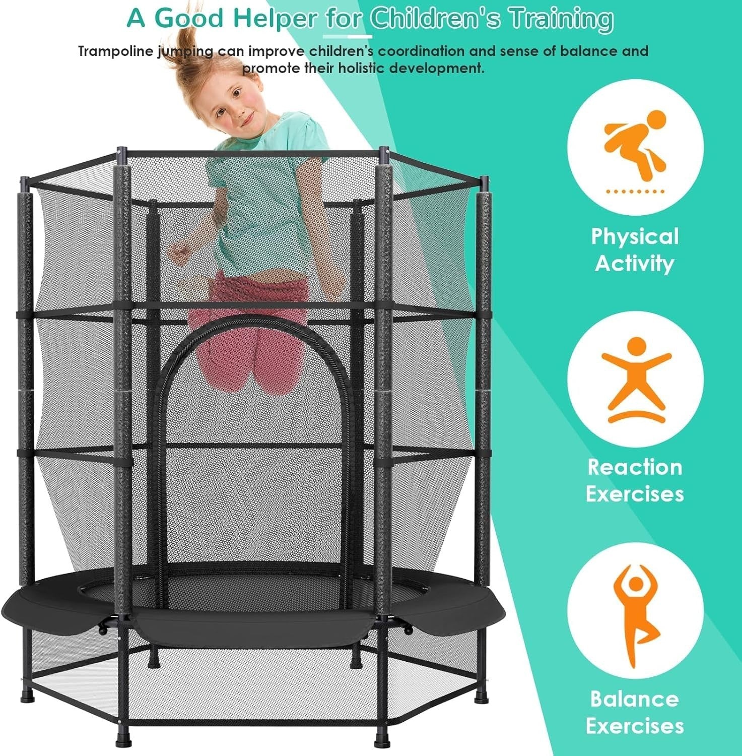 Kids 55” Indoor Outdoor Trampoline w Safety Net Floor Guard Ages 3–10