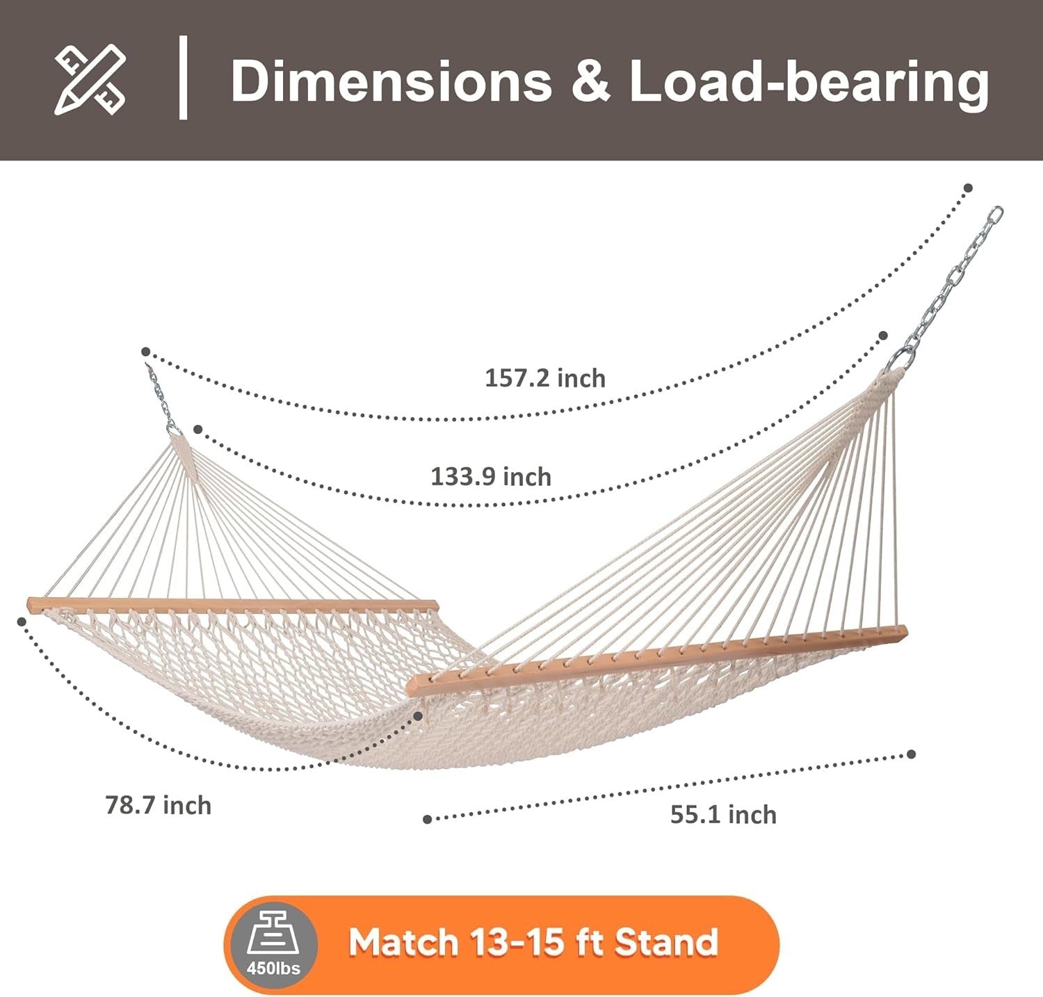Beige Double Rope Hammock with Spreader Bar | 2-Person Outdoor Swing 450lbs