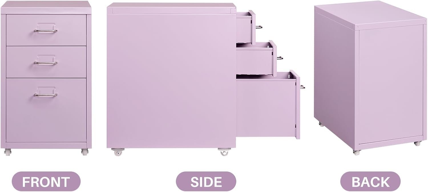 Lavender Metal Rolling Drawer Cabinet 3 Tier Under Desk File Storage