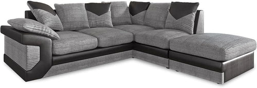 4 Seater L-Shaped Corner Sofa with Footstool Black & Grey Leather Jumbo Cord RH