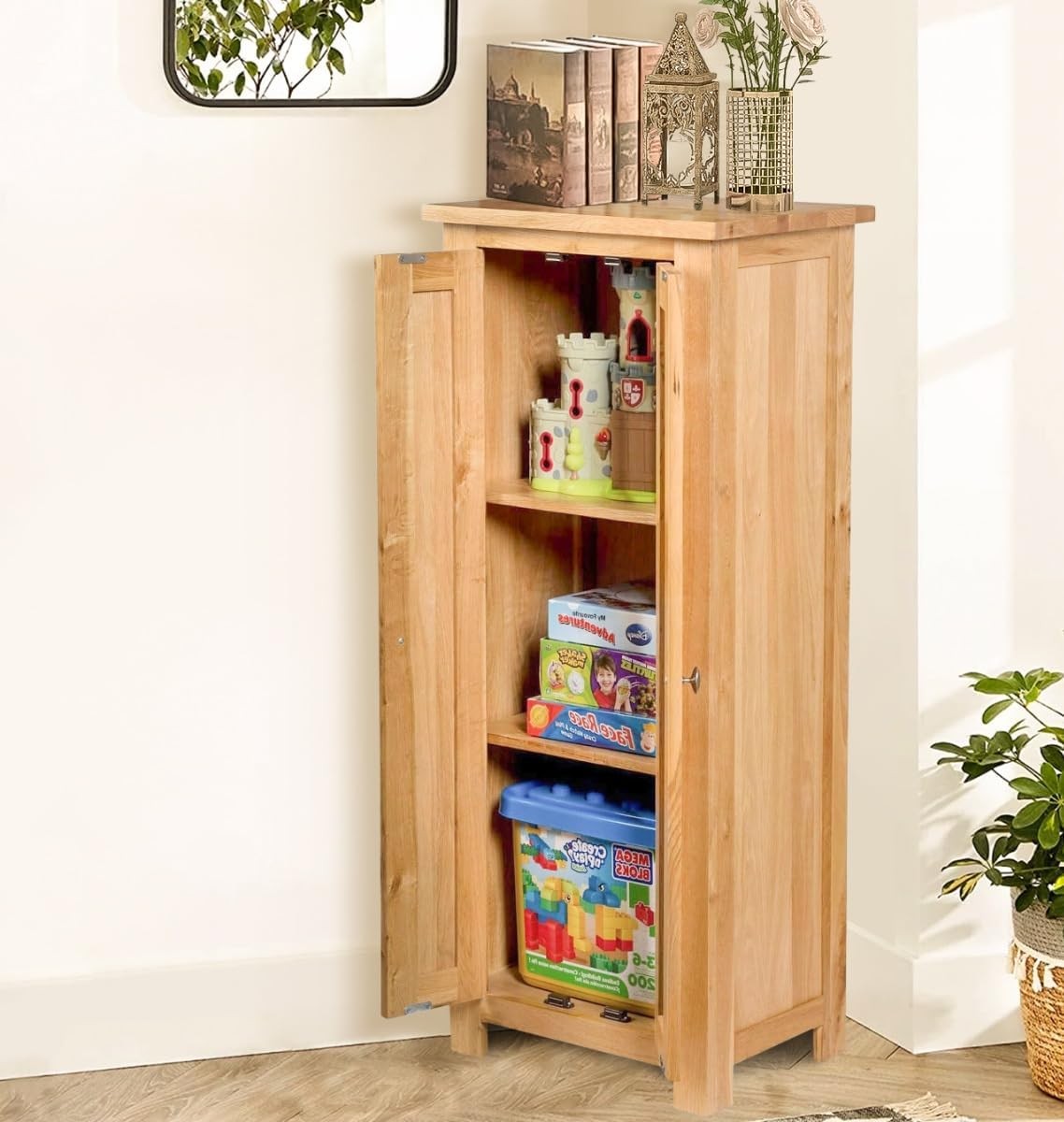 Narrow Oak Storage Cabinet 2 Door Cupboard | Adjustable Shelves Solid Wood Unit