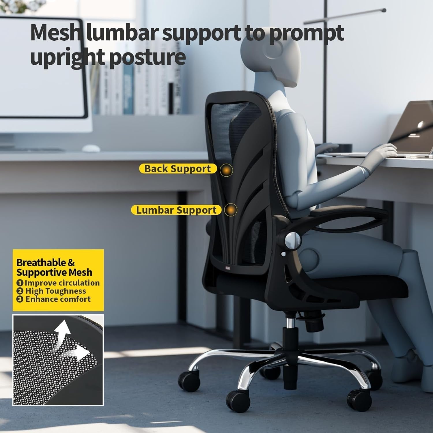 Ergonomic Folding Office Chair Mesh Back Lumbar Support Widen Seat Black