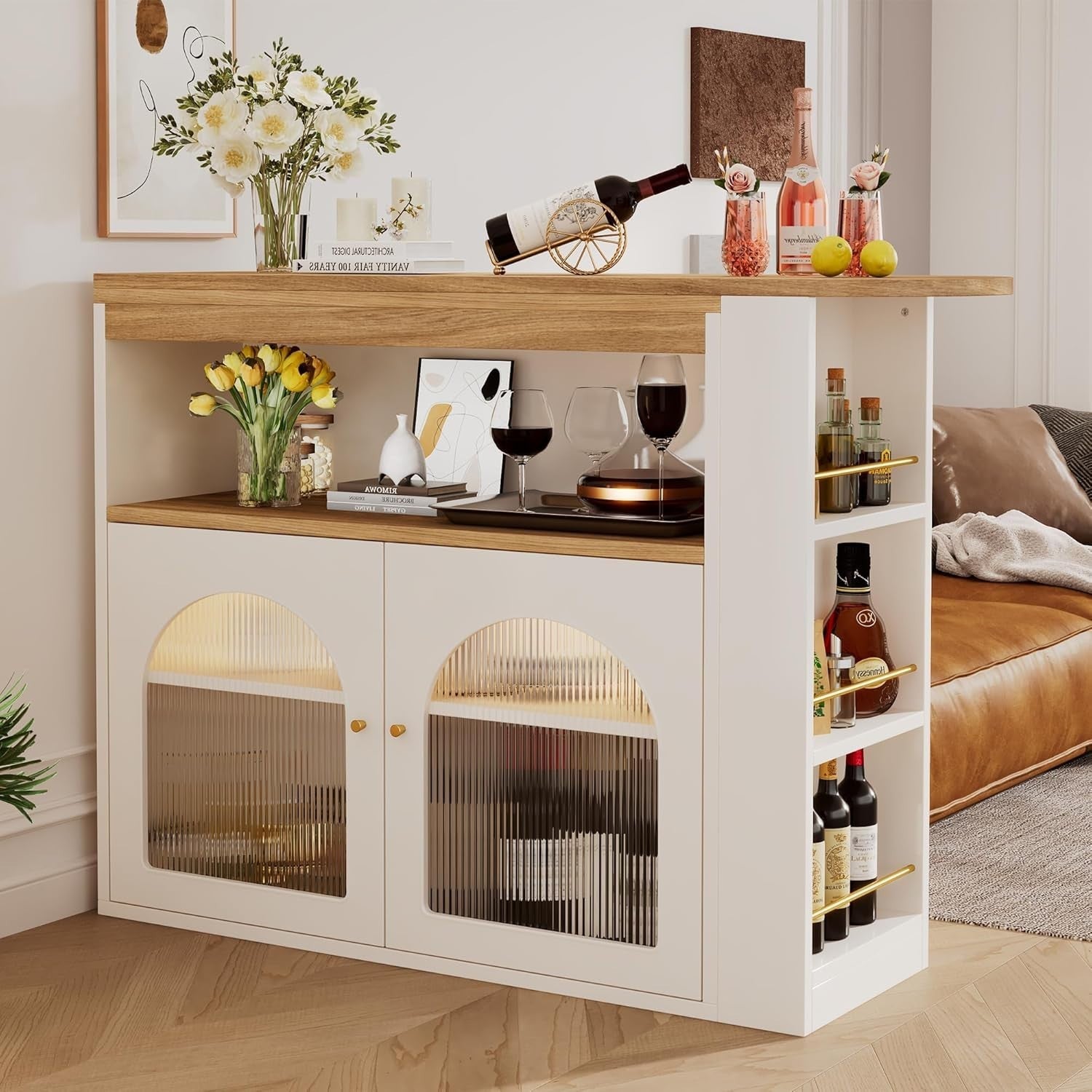 360° Swivel Bar Table w/ LED Strip Shelves Glass Door White Modern Storage Unit
