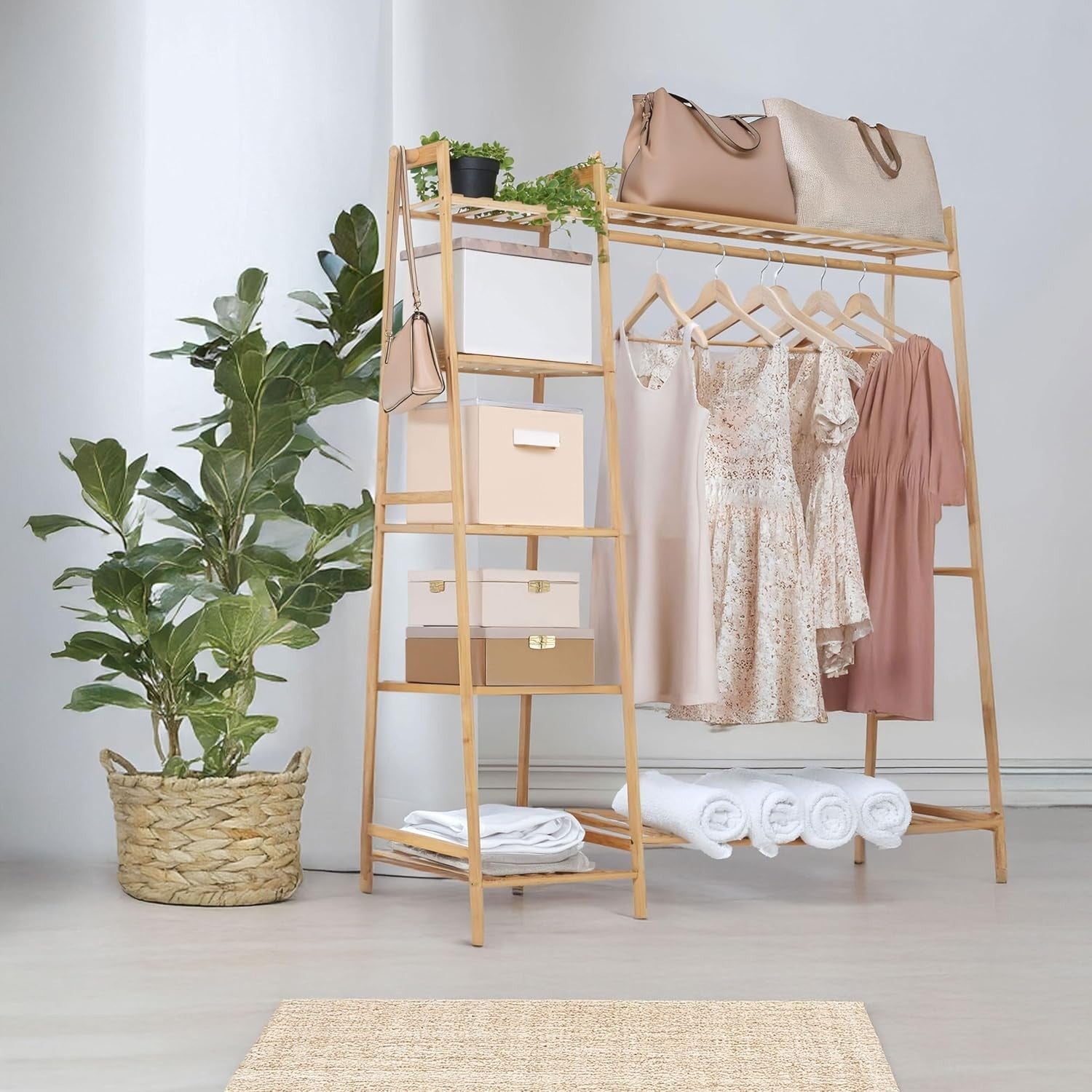 Natural Bamboo Clothes Rack with Shelves & Side Hooks – Wood